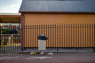 Public overflowing  rubbish bin in Station Yard car park, Minehead